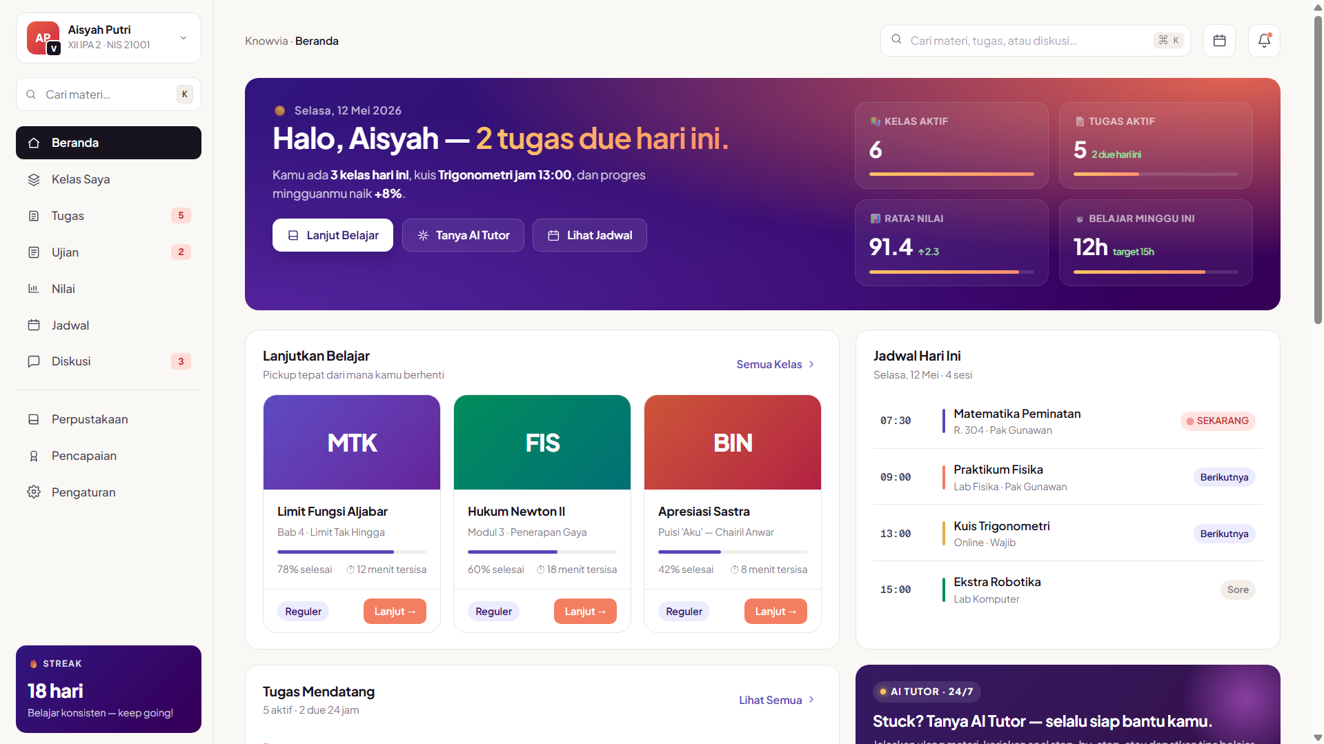 Knowvia student dashboard