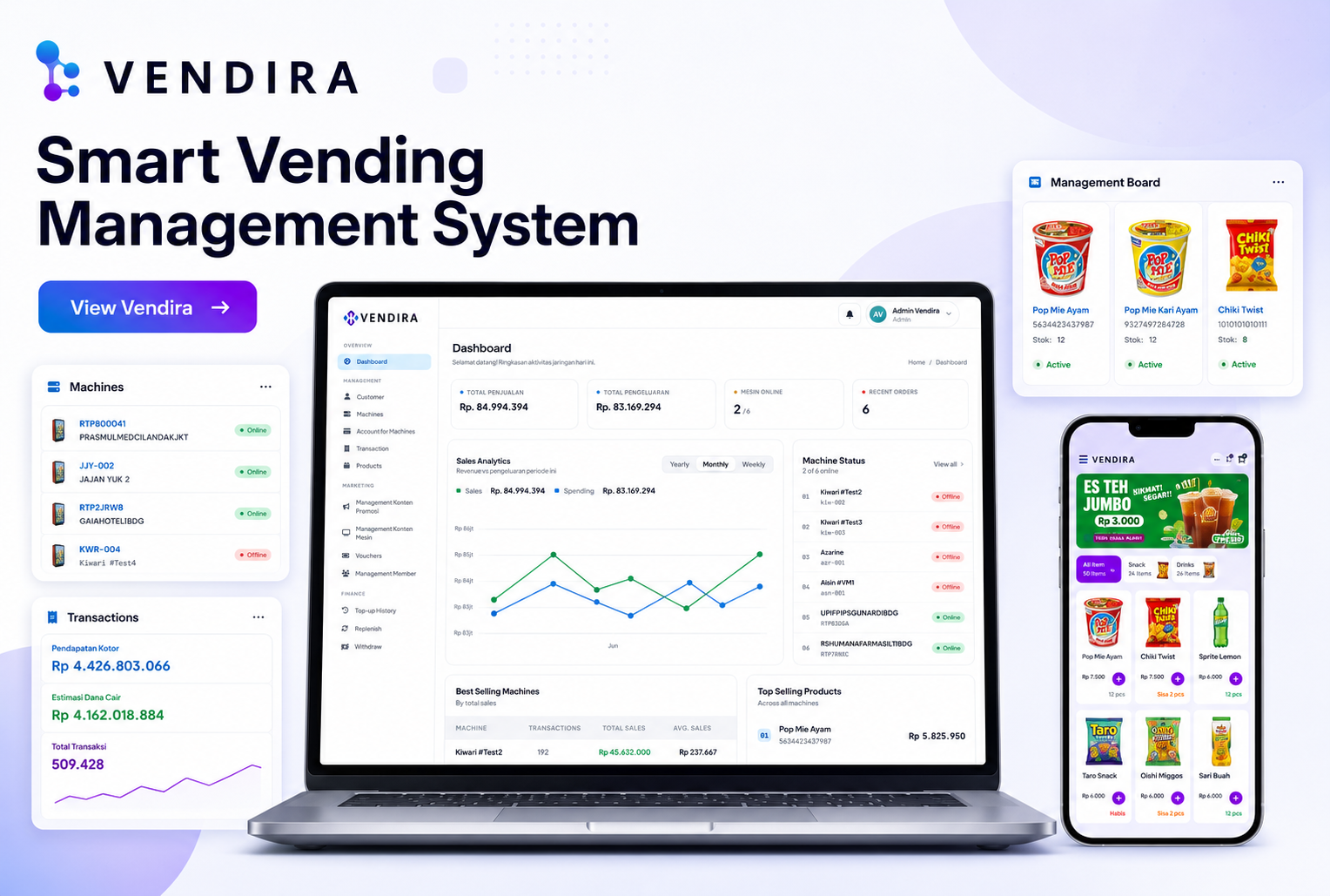 Vendira — Smart Vending Management System: dashboard, machine management, and on-machine kiosk experience
